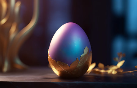 Colorful easter egg with golden crown on a dark background.の素材
