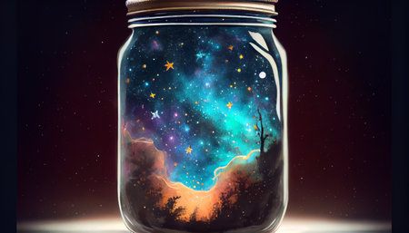 Space and stars in a glass jar. 3D rendering.の素材