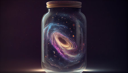 3D illustration of galaxy in a mason jar on dark backgroundの素材