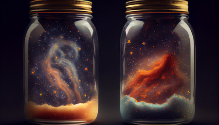 3D illustration of a volcano in a glass jar with fire on black backgroundの素材
