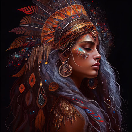 Portrait of a beautiful girl in a headdress of feathers.の素材