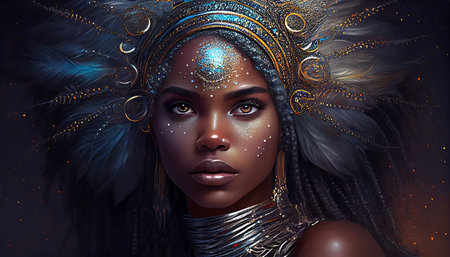 Portrait of beautiful african woman with creative make-up and indian headdressの素材
