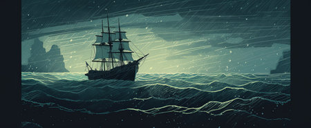 Vintage sailboat in the sea at night. vector illustration.の素材