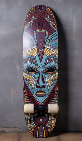African mask painted on a wooden skateboard in front of a gray wallの素材