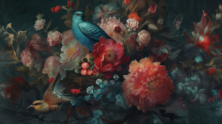 3d illustration, bird and flowers on a dark background, digital paintingの素材