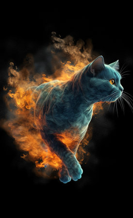 Cat in fire, isolated on black background. 3D illustration.の素材