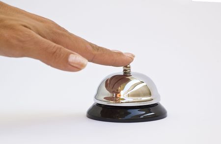 hand pushing button isolated on whiteの写真素材