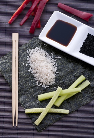 Sushi ingredients over the tableの写真素材