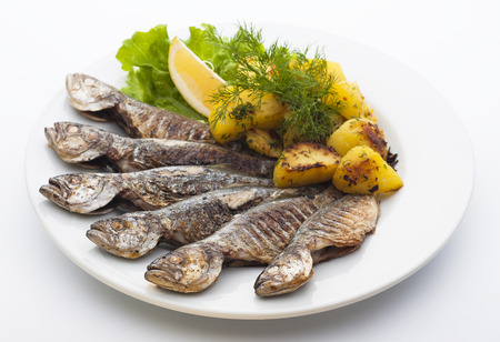 Fried fish with roasted potatoesの写真素材