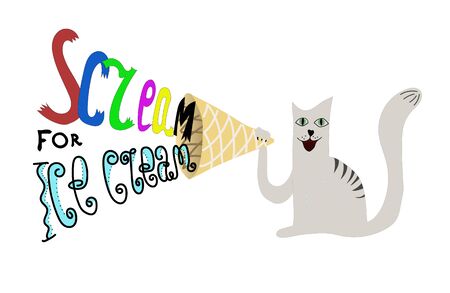 Funny illustration of cat screaming in waffle cone like a speaker demanding for ice creamのイラスト素材