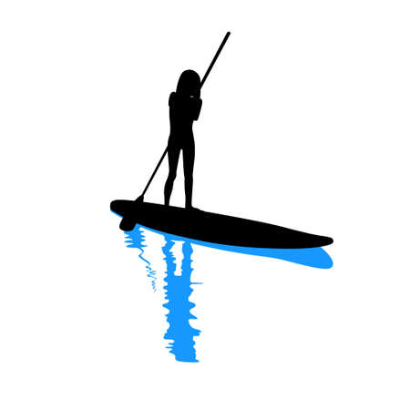 Girl child standing on sup board on river silhouetteのイラスト素材