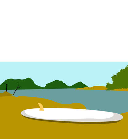 Flat illustration of paddle board at the bank of river. River side landscapeのイラスト素材