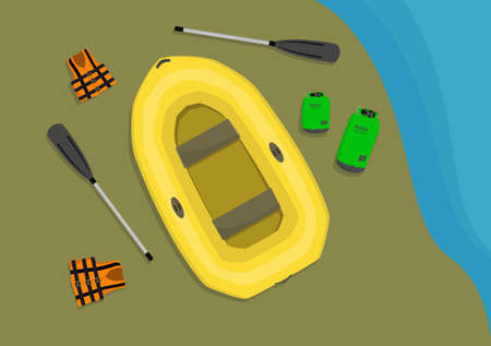 Inflatable boat and other necessary equipment for rafting laying on sand seashore.のイラスト素材