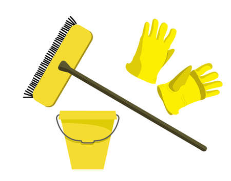 Yellow home cleaning set: mop, bucket and rubber glovesのイラスト素材