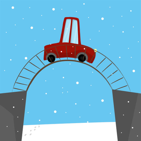 Cartoon car moving on the bridge across the river in winter. Christmas time. Romantic weather. Cozy family tripのイラスト素材