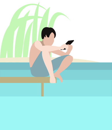 Teenager with gadget sitting on pier on river bank. Digital addiction concept. Cute flat vector illustrationのイラスト素材