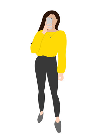 Young pretty woman making selfie in mirror. Model in yellow and grey clothing. Flat style vector illustrationのイラスト素材