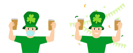 Saint Patrick Day celebration. Man in green clothes and traditional hat with beer glasses in hands. Flat style cute vector illustrationのイラスト素材