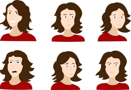 woman face sad and happy various emotions. Before and after reaction of a human mood. Character design. Flat vestor illustrationのイラスト素材