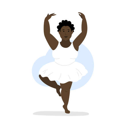 African American ballerina. Dancing woman plus size. Isolated cartoon character in dynamic. Black skin human dancing classic ballet.のイラスト素材