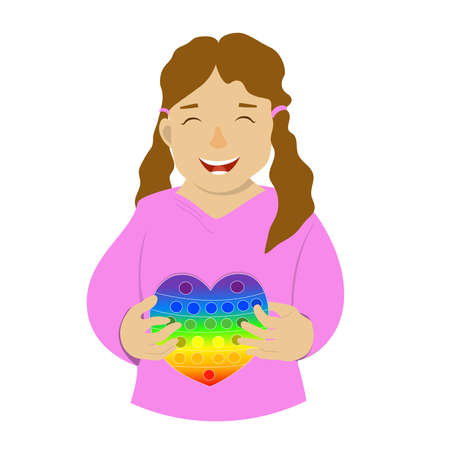 Pop it antistress popular toy. Silicon heart like toy for children and teenagers. Happy baby girl holding a toyのイラスト素材