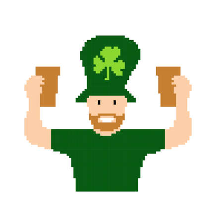 Saint Patrick Day celebration. Man in green clothes and traditional hat with beer glasses in hands. Pixel style cute vector illustrationのイラスト素材