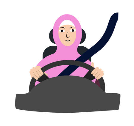 Portrait of pretty Muslim woman in hijab driving a car. Flat style avatar. Colorful icon of person.のイラスト素材
