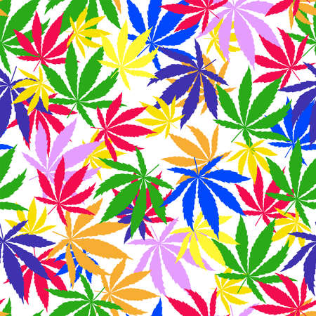 Bright rainbow Cannabis leaves seamless pattern on white background.のイラスト素材