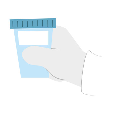 hand in laboratory glove holding a jar with probe for research. Lab specialist demonstrating experimental sample.のイラスト素材