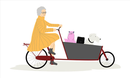 Senior lady riding cargo bicycle bakfiets with her pets cat and dog aboard. Elderly cyclist woman in elegant clothing.のイラスト素材