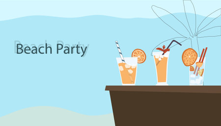 Cocktail party promotional page mockup. Summer events landing page illustrated with hand drawn drinks with fruits and ice in simple style and few colors.のイラスト素材