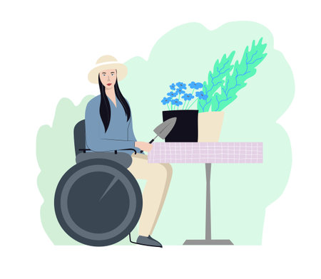 Asian young woman in wheelchair planting the tropical leaves in pots.のイラスト素材