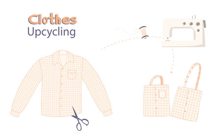 Concept of upcycling. Second use of male shirts remade into a bag. Set of crafting elements isolated on white background. Vector illustrationのイラスト素材