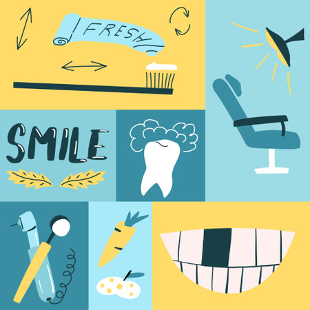 Banner or postcard with set of hand drawn objects for dental clinic or educational materials, mobile app, website.のイラスト素材