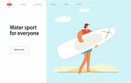 Woman without an arm holding sup board at the beach. Simple style abstract human for the main page, banner for website, mobile app, book cover.のイラスト素材