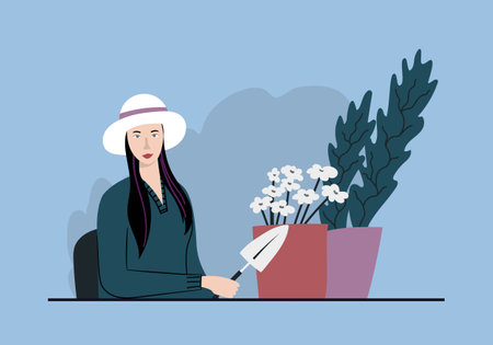 Woman and potted flowers sitting at the desk at her working place. Asian female gardener.のイラスト素材