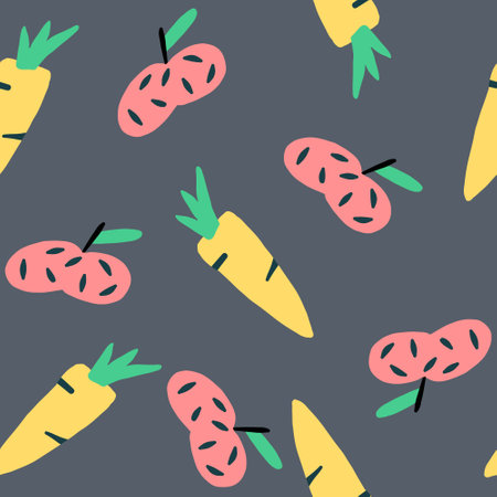 Yellow carrots and red dotted apples on dark background seamless pattern.のイラスト素材