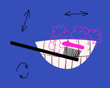 Poster with smily mouth demonstrating teeth and toothbrush. Funny way to teach kids proper way of cleaning mouth.のイラスト素材