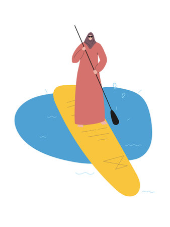 Muslim woman in long dress and hijab standing on a paddle board at the sea. Banner for social media, ads, web page.のイラスト素材