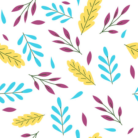 Abstract cartoon colourful leaves on white background seamless ornament for poster, print, wallpaper, textile.のイラスト素材