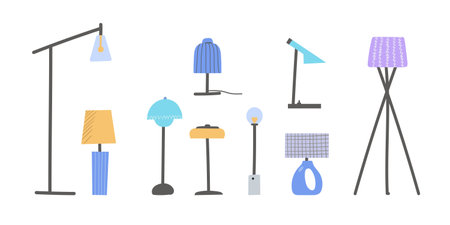 Set of floor and table lamps in flat cartoon style.のイラスト素材