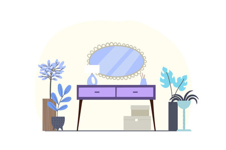Dressing table with mirror and house plants in pastel colours background. Flat style illustration with easily editable elements.のイラスト素材