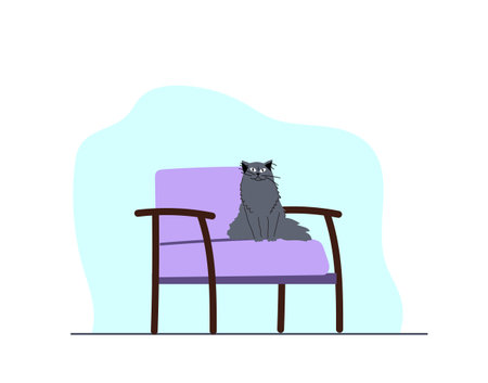 Cat domestic pet sitting on armchair. Cartoon character kitten in serious mood on a classic vintage chair.のイラスト素材