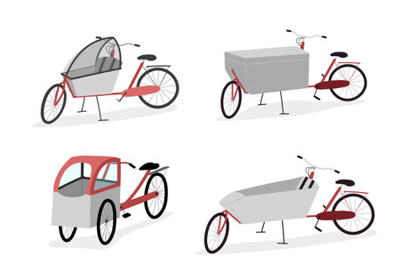 Set of different cargo bikes with two and tree wheels and rain cover, box bicycle. Elegant cartoon realistic bicycles on white background.のイラスト素材