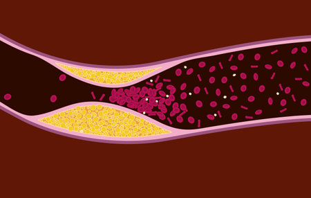Closeup of atherosclerosis. Cholesterol in the blood vessels and the increased blood pressure.のイラスト素材