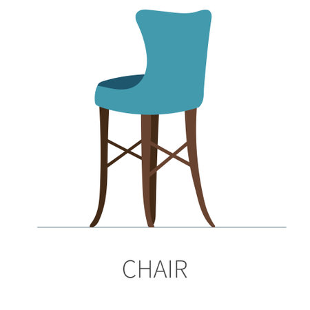 Classic kitchen dining room chair on wooden legs with soft blue seat and back. Isolated chair on white background.のイラスト素材