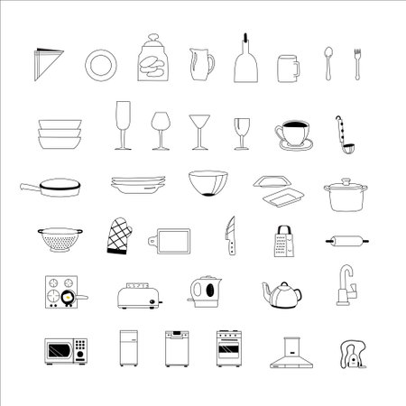 Kitchen related utensils collection in outline flat style. Set of simple hand drawn contour icons of cooking tools.のイラスト素材