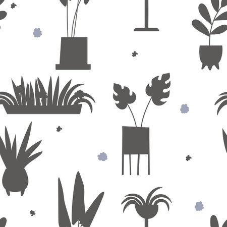 Hand drawn seamless pattern with flower pots. Doodle plants silhouettes.のイラスト素材