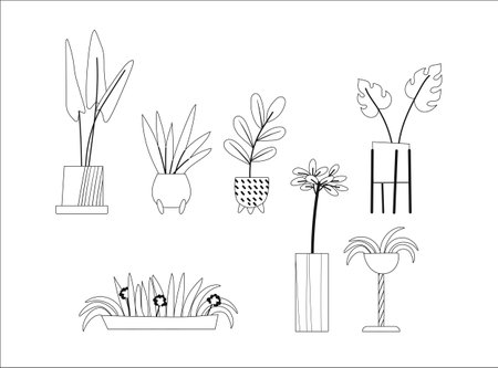 Set of outline potted plants for icons or stickers. Flat style illustration of home flowers line art. Vector illustrationのイラスト素材