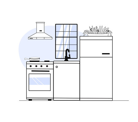 Kitchen outline interior design. Simple contour illustration of home small kitchen with furniture and equipment. Vector illustrationのイラスト素材